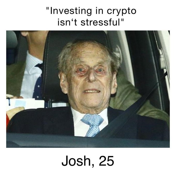 A meme featuring a photo of an elderly Prince Philip with the caption "Investing in crypto isn't stressful" at the top and "Josh, 25" labeled at the bottom.