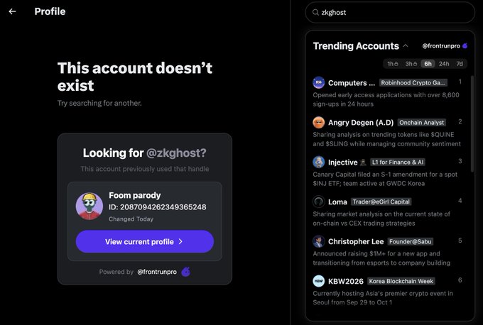 A Twitter/X screenshot shows 'This account doesn't exist' for @zkghost, with a suggestion to view a renamed 'Foom parody' profile.
