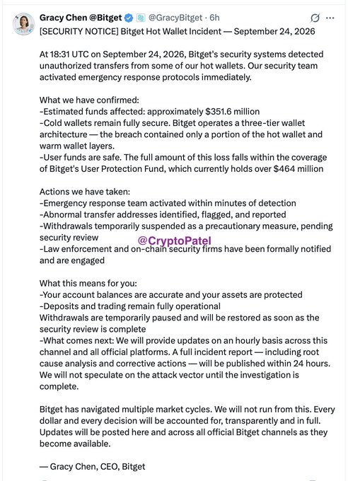 A tweet from Gracy Chen, CEO of Bitget, announces a security incident on September 24, 2026, involving approximately $351.6 million in unauthorized transfers from hot wallets.