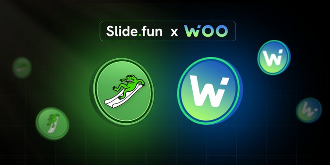 A promotional graphic showing a collaboration between 'Slide.fun' and 'WOO', featuring a green coin with a frog surfing and a green 'W' logo against a dark background with floating logos.