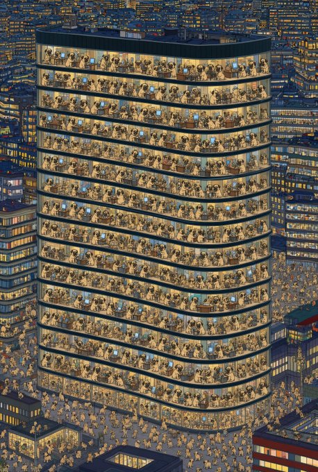A detailed illustration of a tall, modern office building at night, with every floor illuminated and packed with rows of workers at their desks, surrounded by a bustling city.