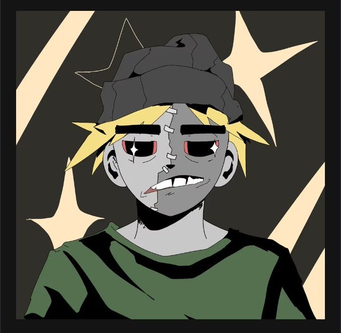 A cartoon-style illustration shows a stitched-together, zombie-like character with yellow hair, a beanie, and a tired expression surrounded by sparkle accents. The image pairs with the post's "gm NFTs are back" message as a playful representation of a hyped, stitched-up zombie resembling the "zombie NFTs" revival narrative.