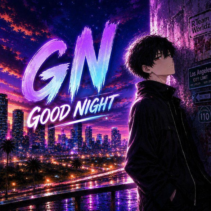 An anime-style poster reads "GN GOOD NIGHT" over a neon-lit Los Angeles cityscape at sunset, with a dark-haired character leaning against a wall near signs for "R.Team Worldz" and "Los Angeles City Limit."