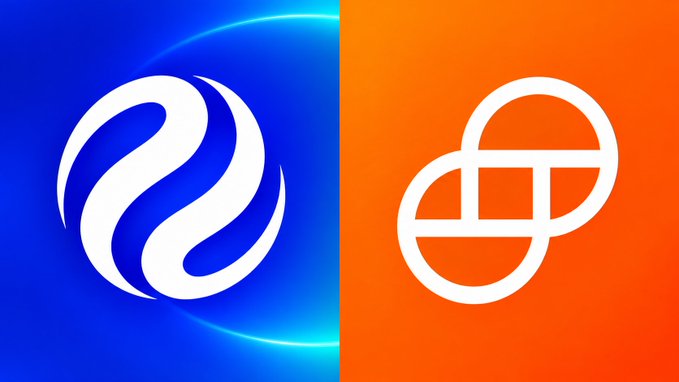 A split image showing two cryptocurrency logos side by side, with a white circular emblem on a blue background on the left and a white interlocking circle design on an orange background on the right.