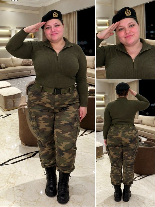 A woman in military-style attire—a black beret with a gold emblem, olive green quarter-zip sweater, camouflage pants, and black combat boots—salutes in a formal living room setting, shown from front, close-up, and rear angles. The salute gesture connects to the post's "SPECIAL SALUTE TO ALL PI NETWORK GCV WARRIORS" message, with Maria symbolically honoring Pi Network supporters known for their dedication to the GCV initiative.
