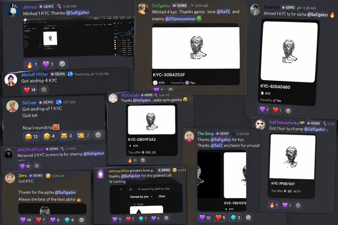 The image shows a Discord channel filled with multiple user testimonials expressing gratitude and excitement over receiving an airdrop, likely related to the "Safigator" or "$Saf" token referenced in the messages. The posts mention KYC verification codes (such as KYC-3084253F and KYC-7F1B7327) and reference the "$af" ticker, celebrating the airdrop distribution. This aligns with the caption, which praises the "$1 to $800" call and highlights how many "GEMs" got the airdrop, reinforcing the success and community engagement around this event.