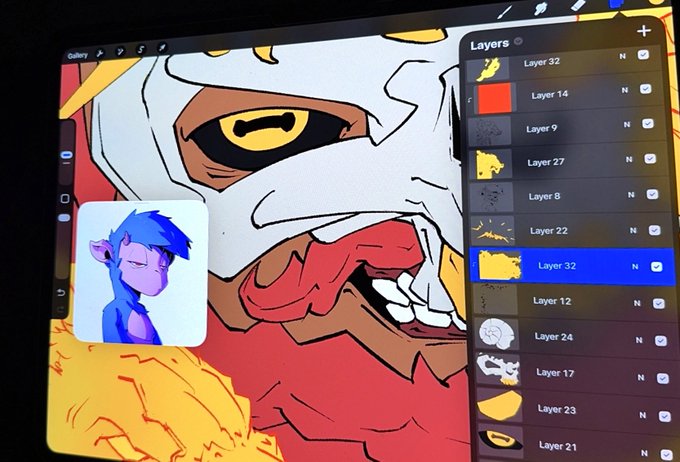 A digital drawing tablet screen displays a work-in-progress illustration of a masked, fierce-looking character with yellow eyes and a red tongue, shown alongside the artist's avatar (a purple-haired figure) and a layers panel with multiple layers labeled "Layer 32," "Layer 14," "Layer 9," "Layer 27," and more, indicating an in-progress piece for the Goats of Solana project.