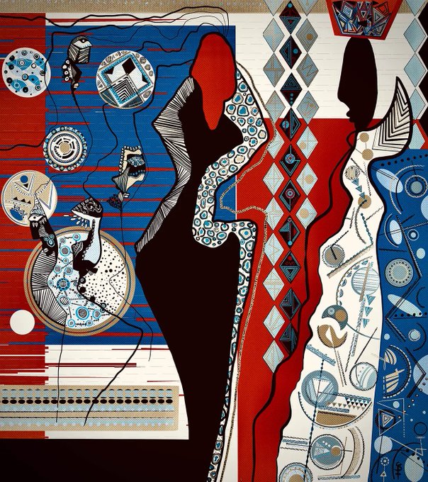 An abstract painting features two silhouetted figures with red accents against a vibrant background of blue, white, and red patterns, incorporating geometric shapes, circles, and decorative motifs.