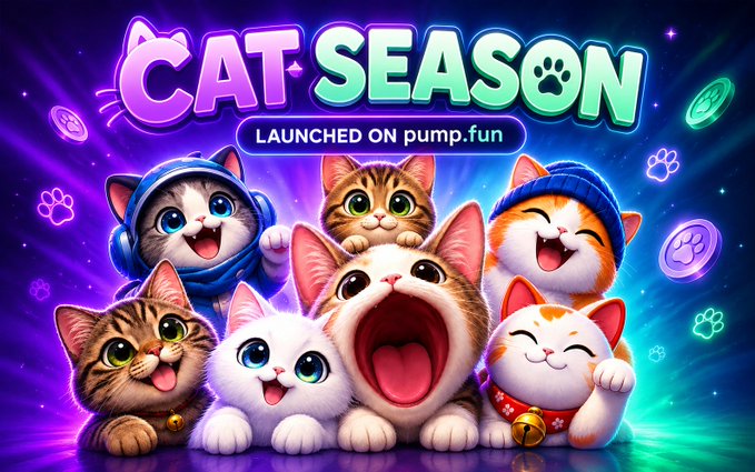 A vibrant promotional graphic features six cheerful cartoon cats with expressive faces against a neon purple starry background, with the bold text "CAT SEASON" prominently displayed and a banner reading "LAUNCHED ON pump.fun," visually introducing the $CATSZN memecoin with its playful branding and pump.fun launch announcement.