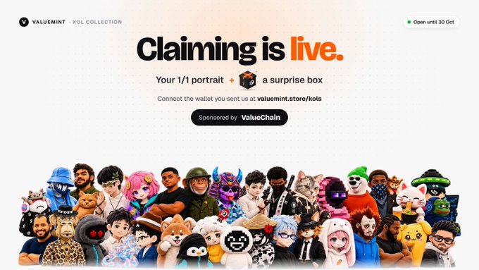 A Valuemint 'KOL COLLECTION' webpage announcement stating 'Claiming is live' for a 1/1 portrait plus surprise box, sponsored by ValueChain, featuring a diverse collage of illustrated character avatars and KOL personalities at the bottom, open until 30 Oct.