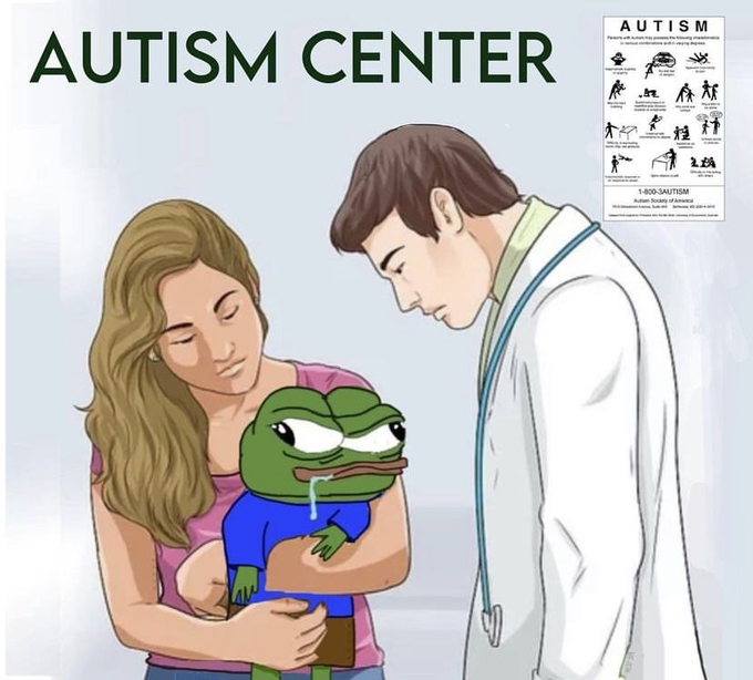 The image shows a meme combining the "Autism Center" template—featuring a mother holding a sad Pepe the Frog character being examined by a doctor—with an autism informational poster. It relates to the "Gm to fellow autists" post through internet meme culture, using the Pepe frog as a self-deprecating symbol of the "autist" identity embraced in online trading circles.