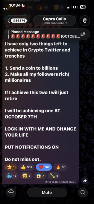 A Telegram channel screenshot from 'Cupra Calls' with a pinned message promising crypto riches to followers on October 7th, urging them to lock in and turn on notifications.