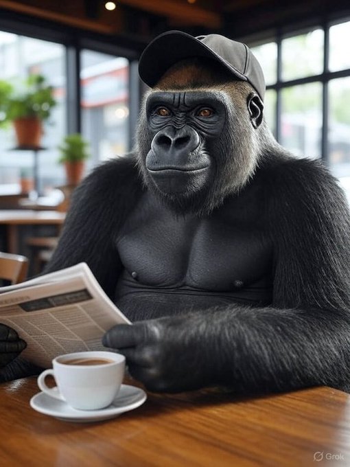 A gorilla wearing a baseball cap calmly reads a newspaper at a café table with a coffee cup, playfully illustrating the post's humor about pretending to be relaxed while obsessively checking market charts.