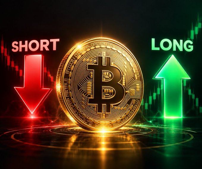 A glowing golden Bitcoin coin sits at the center, flanked by a red downward "SHORT" arrow on the left and a green upward "LONG" arrow on the right, with candlestick chart patterns in the background. The image visually represents the post's discussion of accumulating liquidity on both sides of Bitcoin near the $78,500 level, with short liquidations concentrated in the $80,000–$81,500 range and notable activity around $82,000–$83,000.