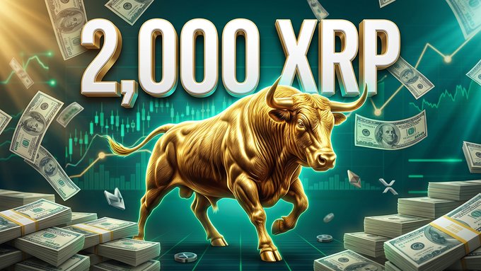 Bullish graphic featuring a golden bull statue charging forward with '2,000 XRP' prominently displayed, surrounded by flying dollar bills and green upward-trending chart lines.