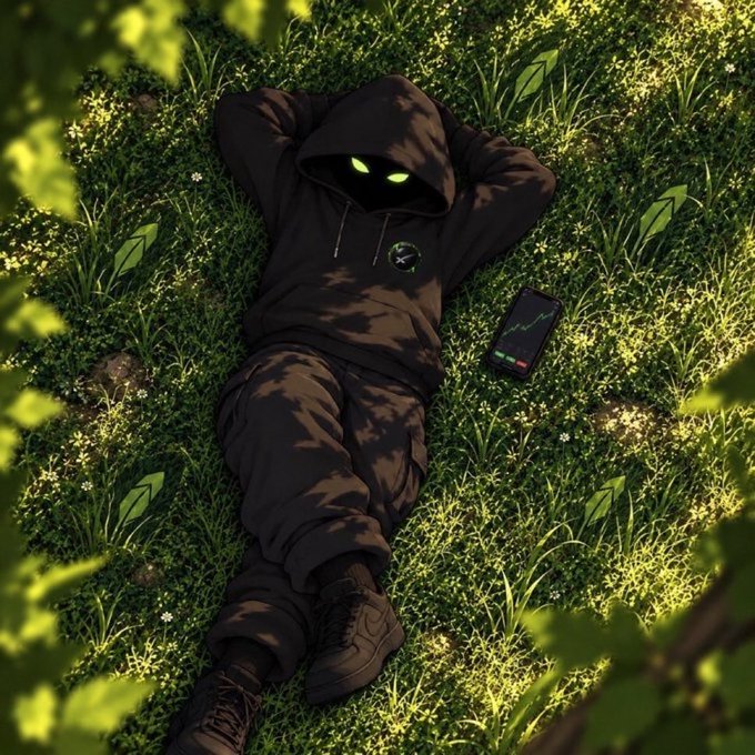 A mysterious figure in a black "Spacehood" hoodie rests peacefully in lush green grass, their glowing green eyes peeking from beneath the hood while a smartphone displays a green trading chart nearby—evoking the relaxed, bullish vibe of a crypto trader chilling between market moves.