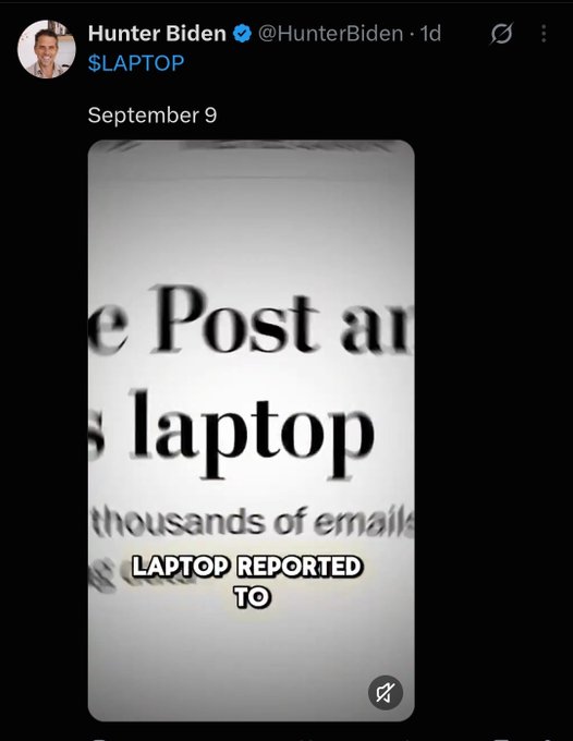 A social media post from verified account 'Hunter Biden' (@HunterBiden) with the text '$LAPTOP' and a screenshot of a newspaper headline fragment reading '...e Post an... s laptop ... thousands of emails.'