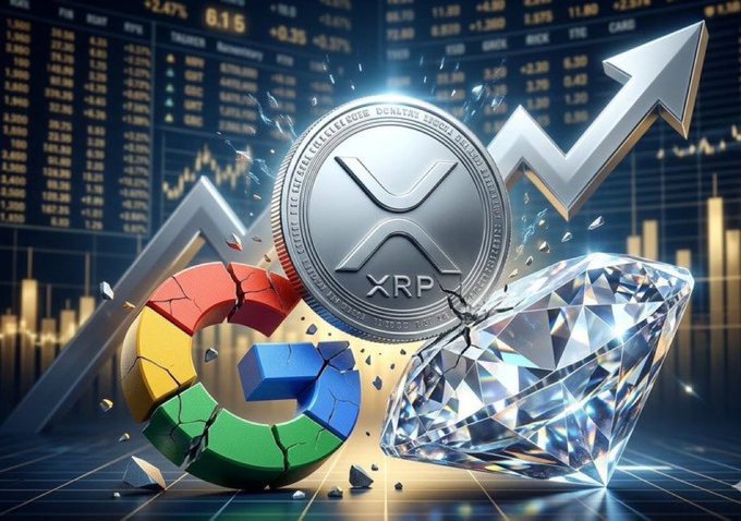 A digital illustration featuring an XRP cryptocurrency coin, a Google logo shattering into pieces, and a large sparkling diamond, set against a background of financial charts and a rising arrow.