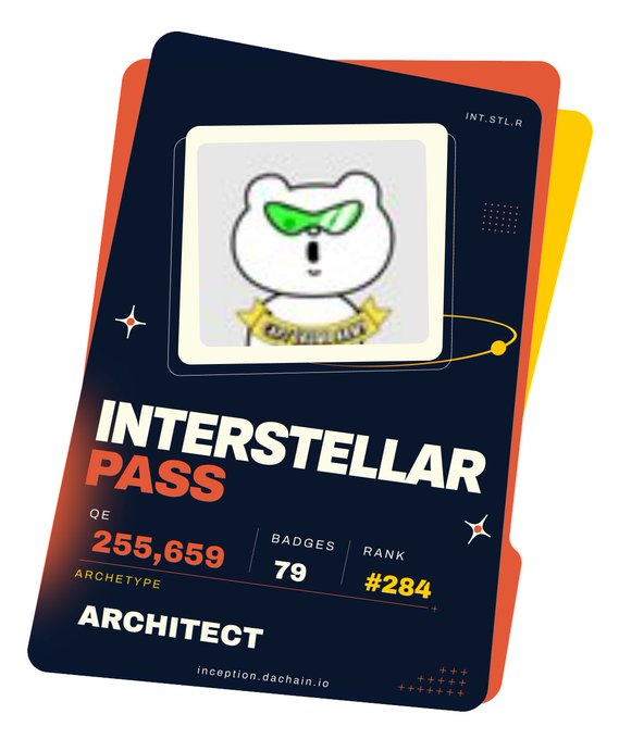 An 'INTERSTELLAR PASS' card with a bear wearing green sunglasses, showing QE 255,659, 79 Badges, Rank #284, and Archetype: ARCHITECT.