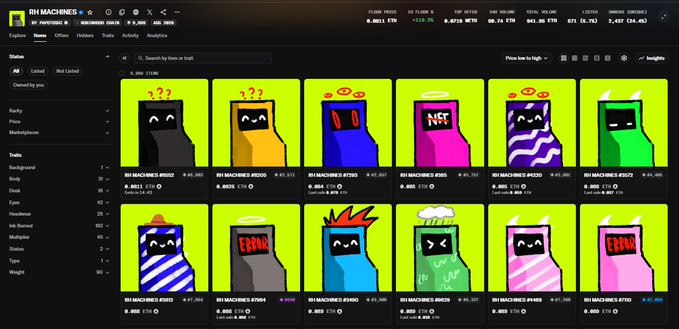 A screenshot of the Rhodium.Machines NFT marketplace on Ethereum displays a collection titled "RH MACHINES #" with floor price 0.0851 ETH and 27,437 listings, featuring pixel-art mining machines with various designs. The post's claim about the NFT being cheap aligns with the visible 0.085 ETH (~$155) floor price, suggesting it is competitively priced compared to similar mining machine NFT collections on the market.