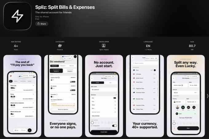 Screenshot of an App Store listing for 'Spliz: Split Bills & Expenses,' described as 'The shared account for friends,' showing app details like 4+ age rating, 80.7 MB size, and preview screens with captions like 'No account. Just start.' and 'Split any way. Even Lucky.'