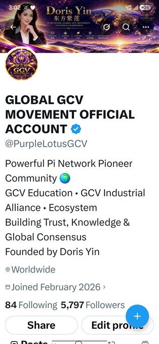 A screenshot of the X/Twitter profile for "Global GCV Movement Official Account" (@PurpleLotusGCV), a Pi Network Pioneer Community founded by Doris Yin with 5,797 followers, showing its banner featuring Yin and the GCV logo. The image directly supports the post's request by displaying the account to be followed.