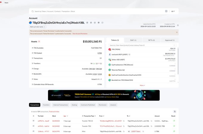 TRON blockchain explorer page showing account details for address 'TBgGFBnqZuDcGH4mylalEo7mj3NodxVJBL' with a balance of $10,001,560.91 and various token holdings including TRX, USDT, and NFTs.