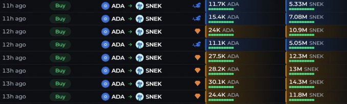 A cryptocurrency exchange interface showing a history of 'Buy' transactions converting ADA to SNEK, with trade amounts ranging from 11.1K to 30.1K ADA executed between 11 and 13 hours ago.
