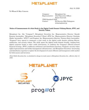 The image displays an official Metaplanet announcement dated July 10, 2026, regarding the commencement of a joint study with JPYC and Progmat to explore a user-driven, point-based digital credit utilizing Bitcoin, BTC, and security tokens. The bottom features the Metaplanet, JPYC, and Progmat logos alongside an SECURITY TOKEN SEAL.