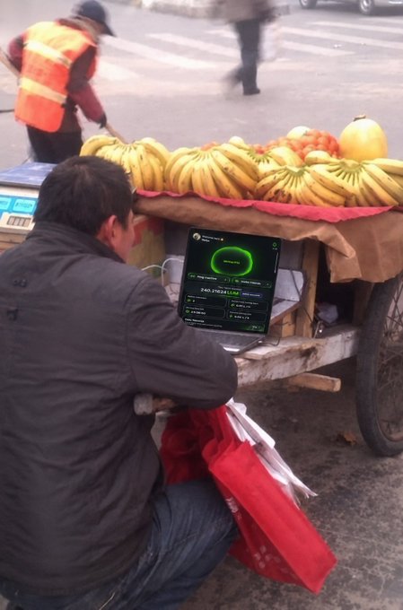 A man crouches beside a banana cart while using a computer displaying a cryptocurrency mining interface for LUM/MirexNetwork. The image humorously ties the post's mining question to the visible bananas, juxtaposing the $LUM token mining activity with the street fruit vendor's wares.