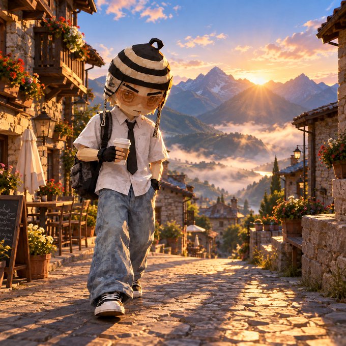 A stylized figure wearing a striped beanie, white shirt, tie, and baggy jeans, holding a coffee cup while walking on a cobblestone street in a mountain village at sunset.