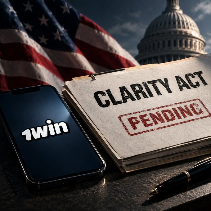 A folder labeled 'CLARITY ACT' with a 'PENDING' stamp sits next to a smartphone displaying the '1win' logo, with an American flag and the US Capitol building in the background.