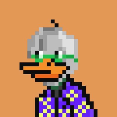 A pixel art style character with gray hair, green glasses, a cigarette in their mouth, and a purple outfit with yellow spots, set against an orange background.