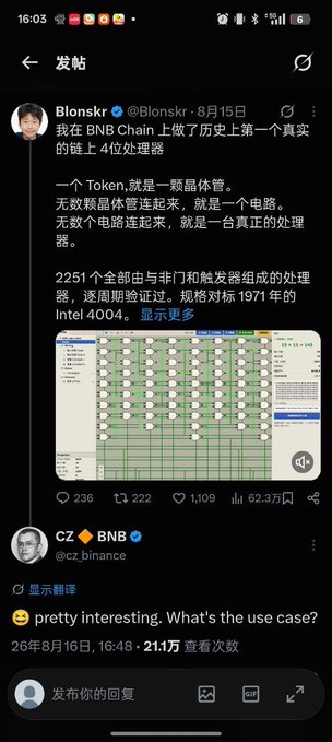 The image shows an X post by @Blonskr claiming to have built "the first real on-chain 4-bit processor" on BNB Chain, featuring a screenshot of the circuit design composed of 2251 NAND gates and flip-flops comparable to the 1971 Intel 4004. CZ (CZ_binance) replied to the post with a smiley face and "pretty interesting. What's the use case?"