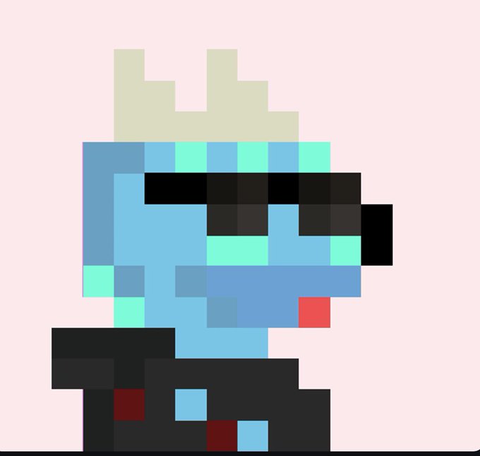 A pixel art character made of blue blocks wearing black pixelated sunglasses and a dark outfit, set against a pink background.