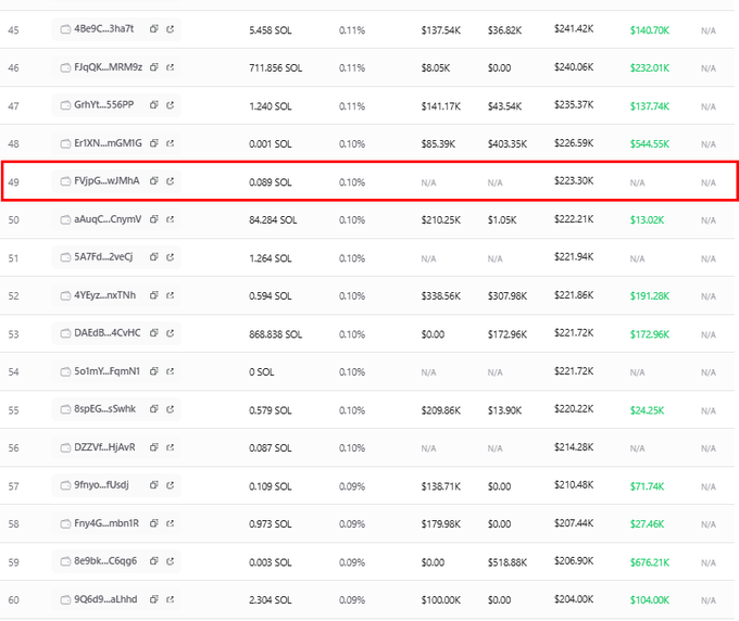 The image shows a leaderboard ranking the top token holders, with the wallet "FVjpG...wJMhA" highlighted at rank 49 holding 0.089 SOL worth $223.30K, corresponding to the post about the wallet that recently accumulated 1.007M $Ansem tokens and became the 49th largest holder.