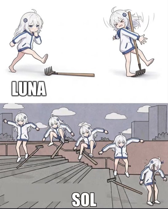 The image is a side-by-side comparison showing the anime character Luna (top) in simple poses labeled "LUNA," contrasted with the same character named "SOL" (bottom) performing complex parkour tricks down a rail. The post's comment "different from GPT luna and sol" humorously suggests these are distinct variants of AI-generated art depicting the two characters.