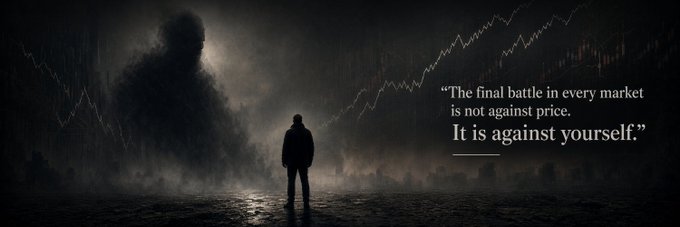 A silhouette of a person stands facing a massive shadowy figure in a misty, desolate landscape with jagged chart lines overlaid, accompanied by the text: 'The final battle in every market is not against price. It is against yourself.'
