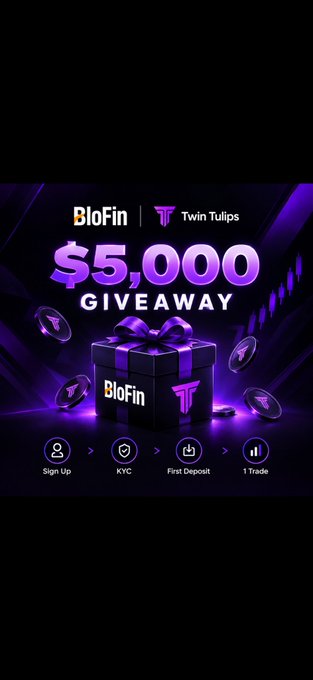 A promotional graphic for a BloFin and Twin Tulips $5,000 giveaway with steps listed as Sign Up, KYC, First Deposit, and 1 Trade.