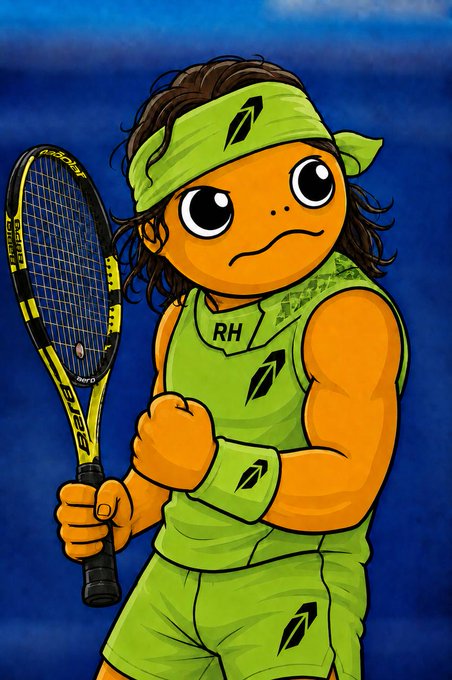 A cartoon illustration of an orange-skinned character with large eyes wearing a green tennis outfit with 'RH' initials, holding a tennis racket.