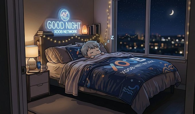 The image features a cartoon illustration of a person sleeping in bed, surrounded by various objects such as books and a lamp. The scene takes place at night with a city skyline visible through an open window. The caption for the image reads "Good Night, Web3 fam! Wrapping up the day and letting the rewards work while I sleep -Building with @XOOBNetwork -Spending crypto seamlessly with @useTria -Sleeping and earning with @sleepagotchi Recharge today."