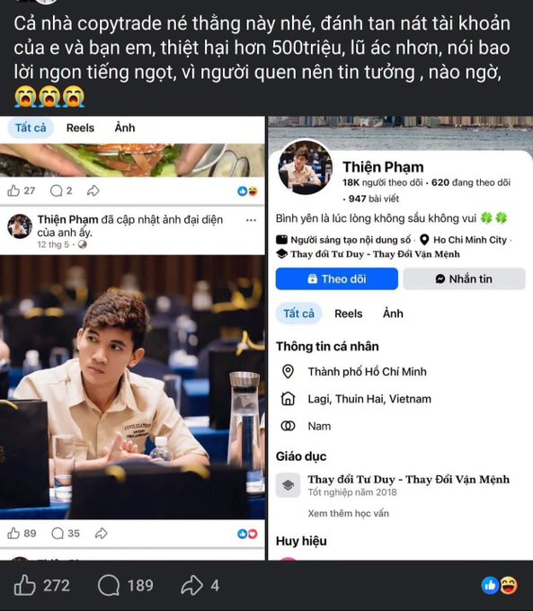 A screenshot of a Facebook post warning in Vietnamese about a copy trader named 'Thiện Phạm' who allegedly caused losses of over 500 million VND to him and his girlfriend.