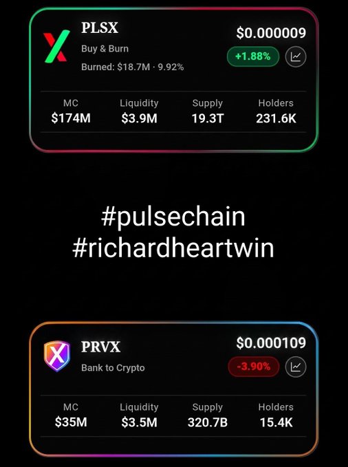 The image displays two cryptocurrency token statistics cards—PLSX (PulseX) showing a market cap of $174M, price of $0.0000009, and +1.88% gain, and PRVX (Provix) with a market cap of $35M, price of $0.0001099, and -3.90% loss—both tagged with #pulsechain and #richardheartwin, illustrating PulseChain tokens alongside the post's mention of DEX screener integration with an OA wallet address.