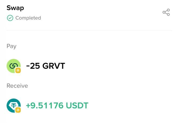Completed swap transaction interface showing -25 GRVT paid in exchange for +9.51176 USDT received.