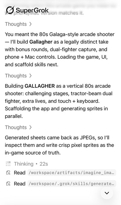 A screenshot of a SuperGrok AI conversation interface shows the assistant planning to build "GALLAGHER," a vertical 80s arcade shooter inspired by Galaga, featuring tractor-beam dual fighter gameplay and pixel sprites. The interface displays three sequential "Thoughts" blocks detailing the development process, along with file references to "/workspace/artifacts/imagine_ima..." and "/workspace/.grok/skills/generate..." at the bottom.