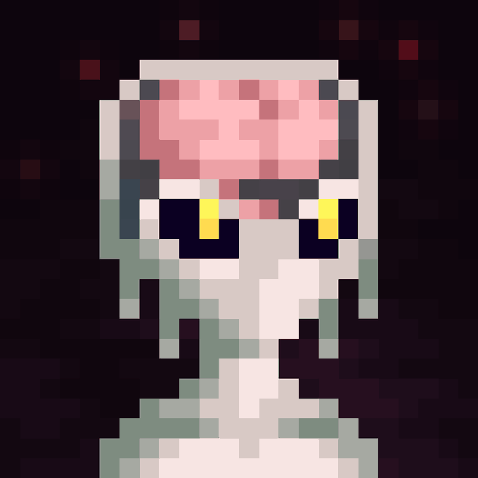 A pixel art character with pink brain-like hair, yellow and dark eyes, and a slender white body stands against a dark background with red pixel accents.