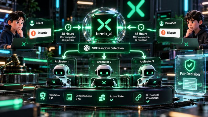 The image illustrates Termix_ai's fair arbitration process, showing a Client and Provider who each have 48 hours after completion or rejection to file a dispute, after which VRF Random Selection picks three arbitrators (1, 2, and 3) from a qualified pool requiring ≥90 reputation, ≥50 completed jobs, active stake, and no financial connection to deliver an unbiased "Fair Decision."