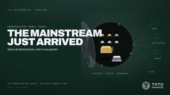 A dark green corporate slide titled 'THE MAINSTREAM JUST ARRIVED' with subtitle 'CONSERVATIVE MONEY MOVES' and 'Years of infrastructure, met in one quarter,' featuring vault graphics and labels for banks, asset managers, brokers, retail, with the TOTO FINANCE logo.