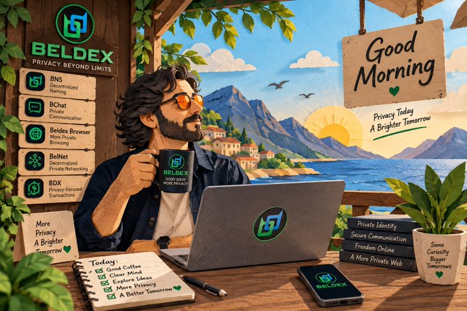An advertisement for Beldex featuring an illustrated man holding a mug while working on a laptop, promoting their suite of privacy-focused products including BNS, BChat, Beldex Browser, BelNet, and BDX.