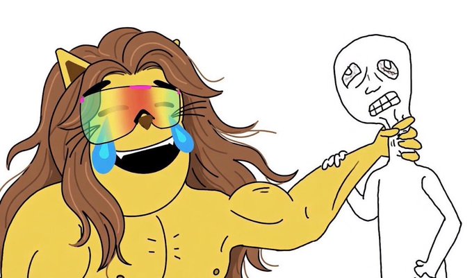 A cartoon illustration of a muscular lion character with long brown hair and rainbow-colored sunglasses, laughing while choking a stick-figure skeleton character.